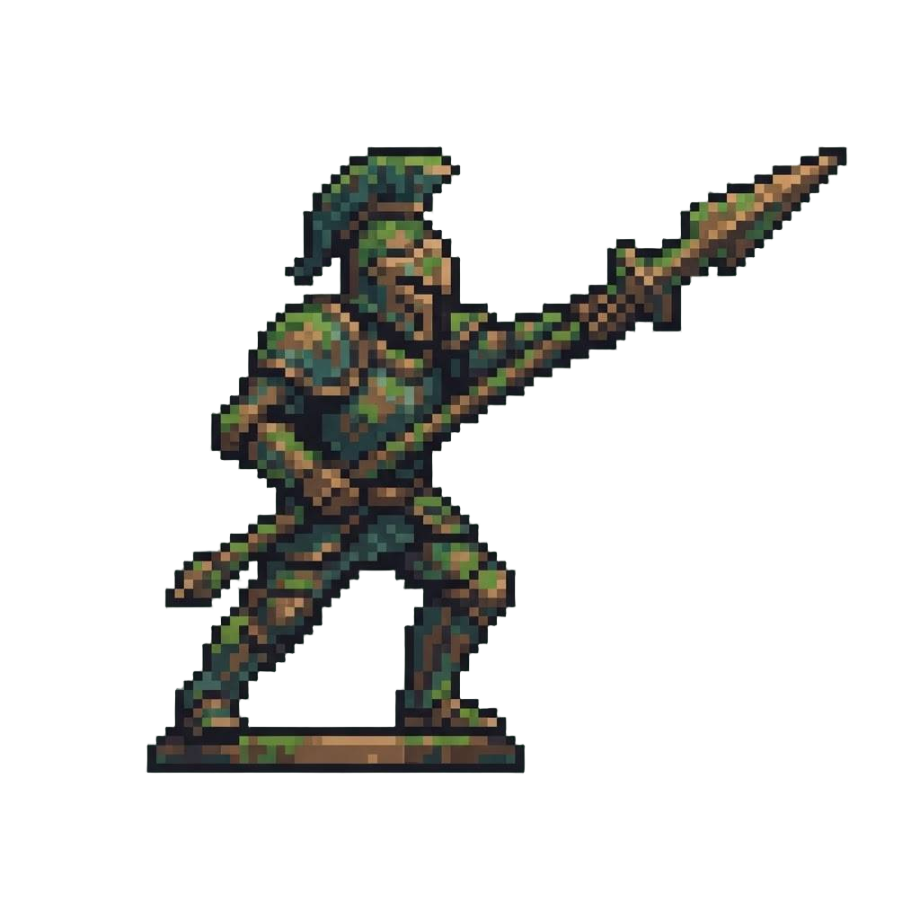 An Ancient Moss-covered Bronze Knight Statue Thrusting a Massive War Spear