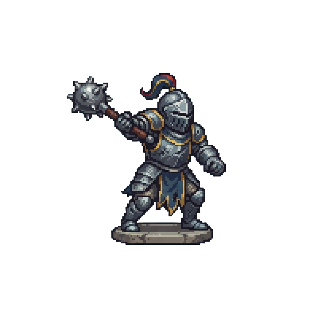A Battle-dented Steel Knight Statue Swinging a Spiked Iron Mace