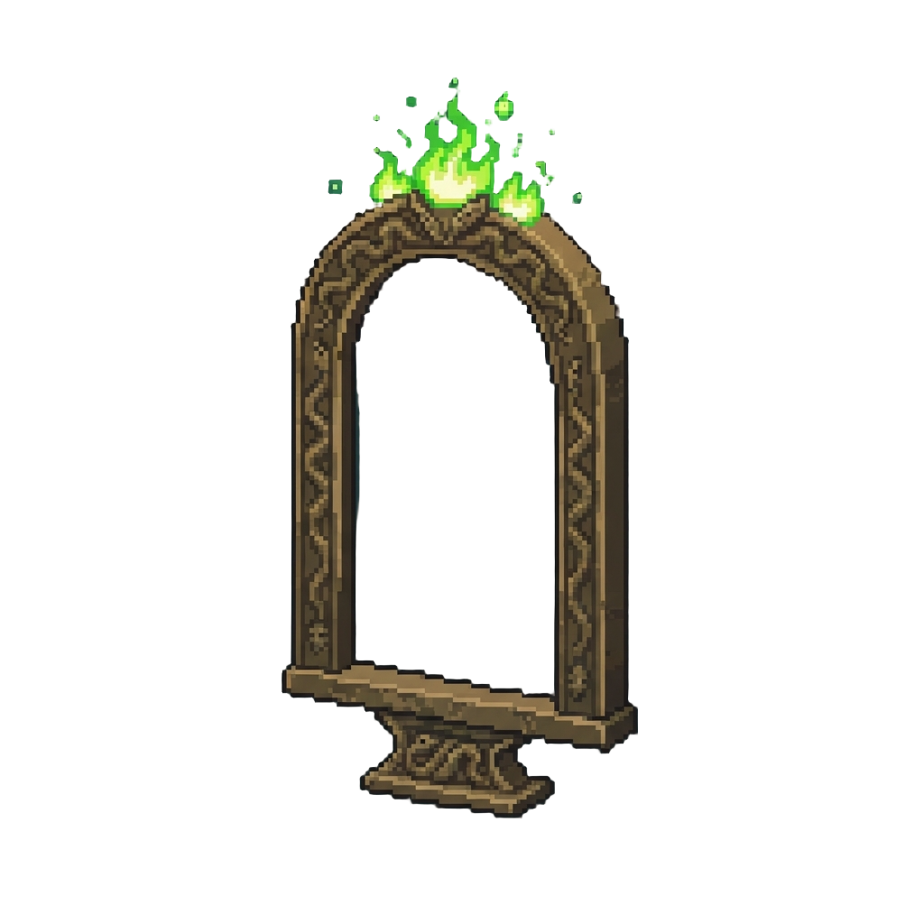 A Towering Arched Antique Mirror with Serpent-engraved Brass Framing and Flickering Green Embers