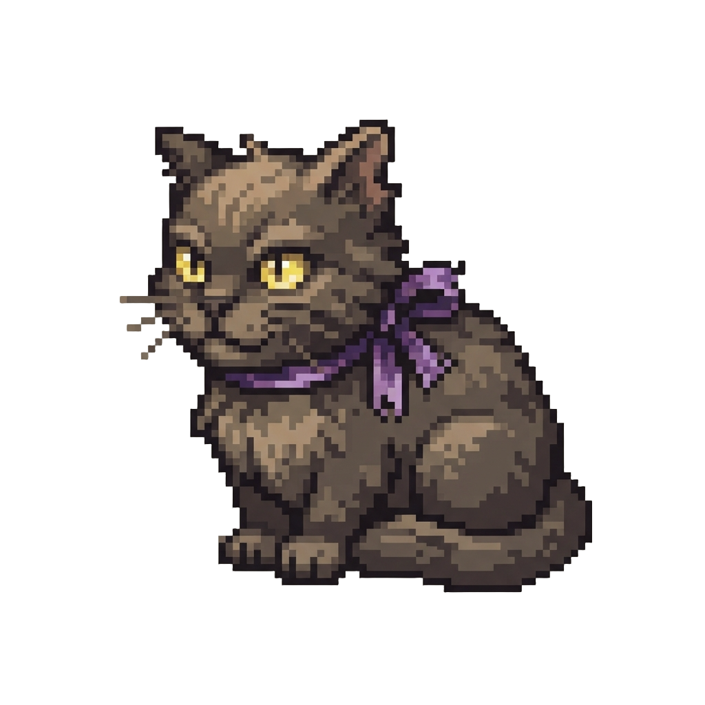 A Scruffy Tomcat with Luminous Yellow Eyes and a Torn Velvet Ribbon