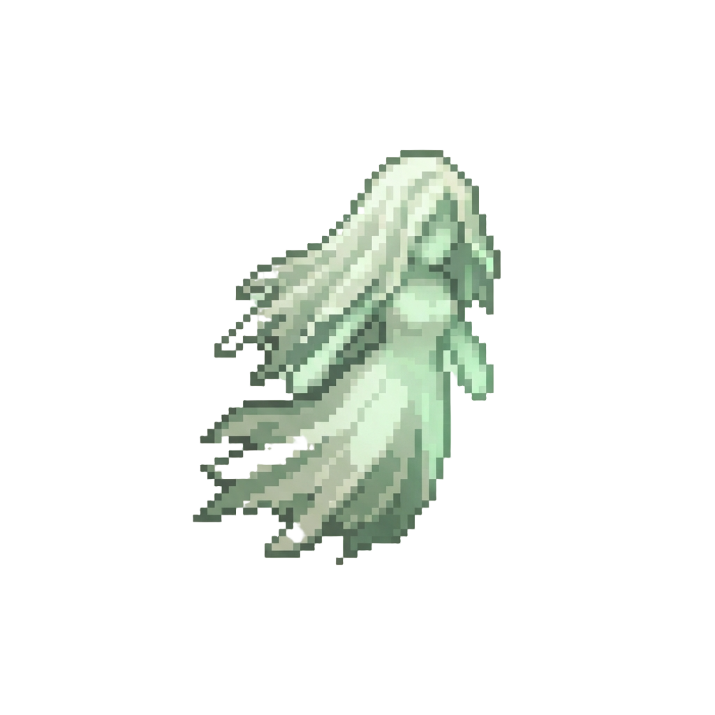 A Simple Translucent Bride Figure in a Ragged Veil Drifting Forward with a Faint Green Glow