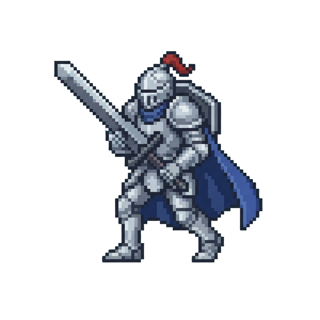 A Polished Silver Knight Statue Marching Forward with a Heavy Two-handed Broadsword