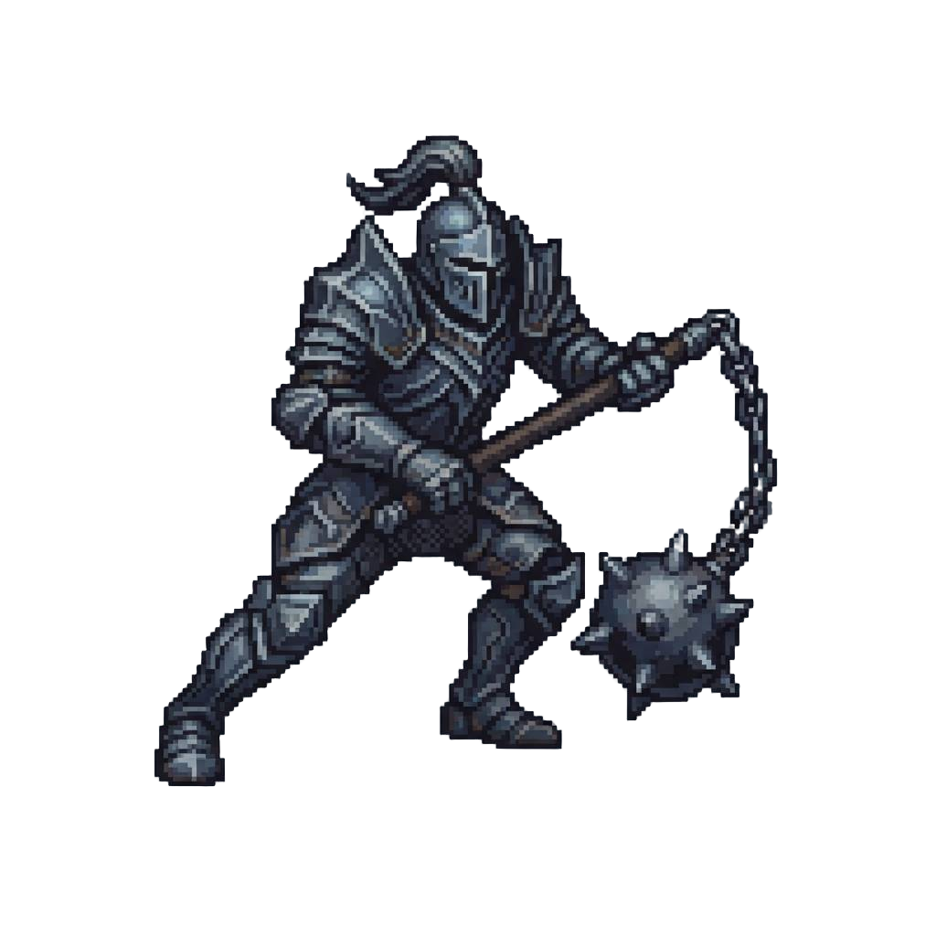 A Dark-iron Gothic Knight Statue Lunging Forward with a Spiked Battle Flail
