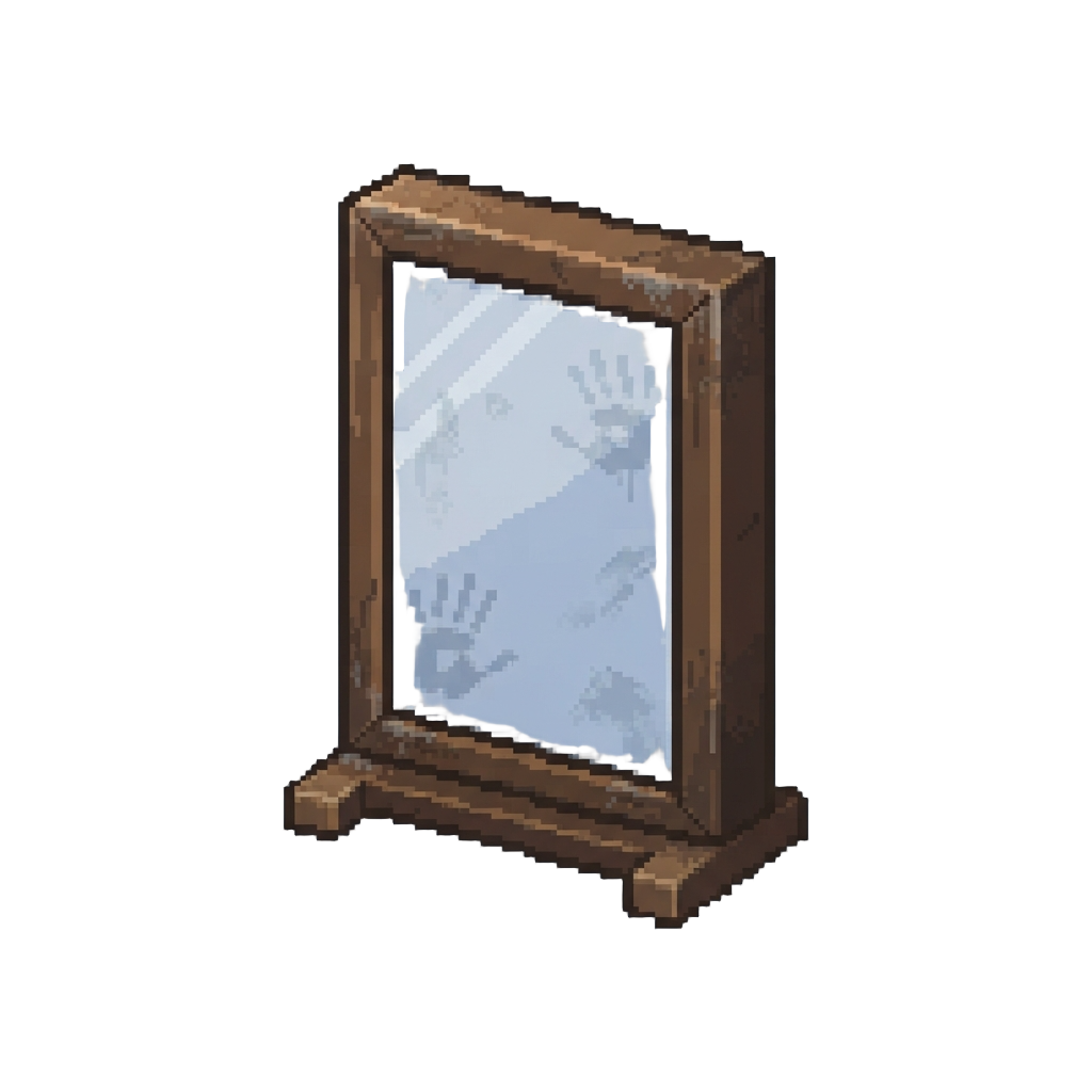 A Simple Dusty Wooden-framed Hallway Mirror Covered in Faint Ghostly Handprints