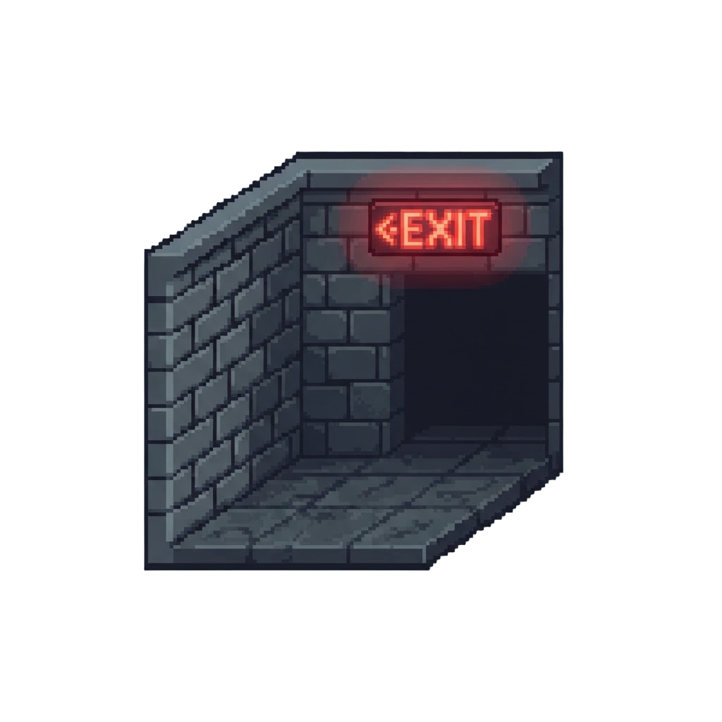 An Empty Hall with a Glowing Neon Exit Sign Pointing Backward