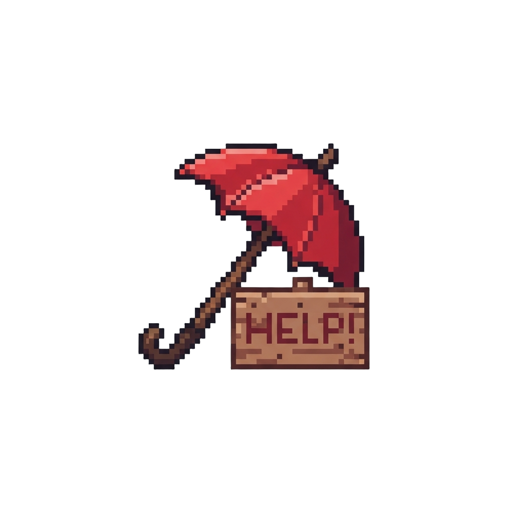 A Tiny Umbrella and a Sign Reading 'help!'