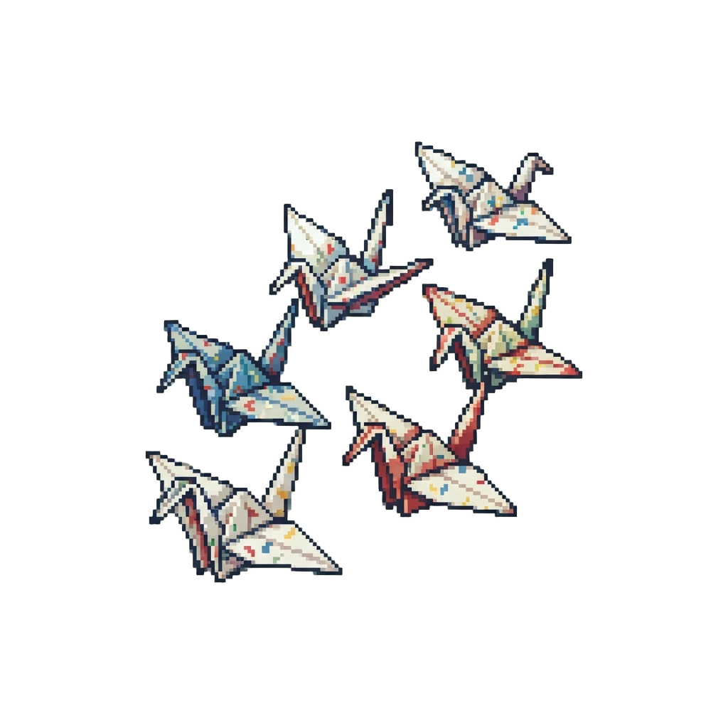 A Flock of Folded Paper Cranes Taking Flight