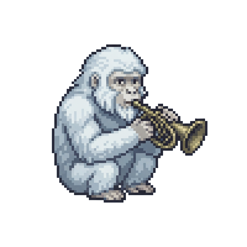 A Snowy Ape Holding a Vintage Brass Horn
