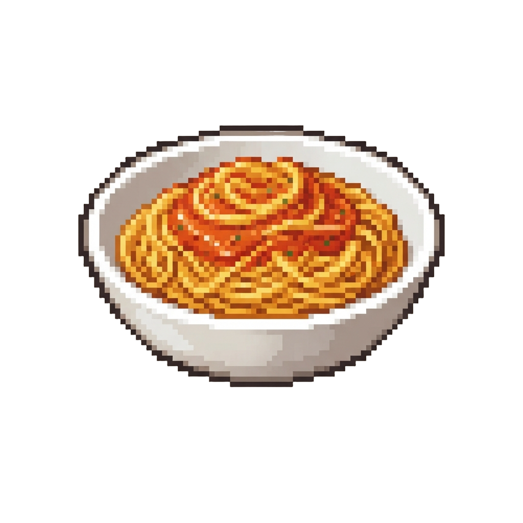 A White Bowl of Golden Spaghetti Coated in Glossy Red-orange Tomato Sauce