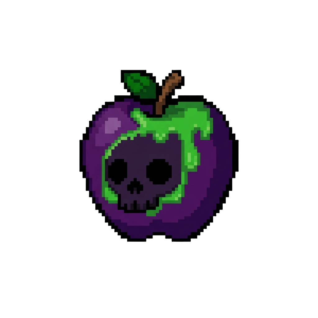 A Dark Purple Apple with Green Goo and a Black Skull Face