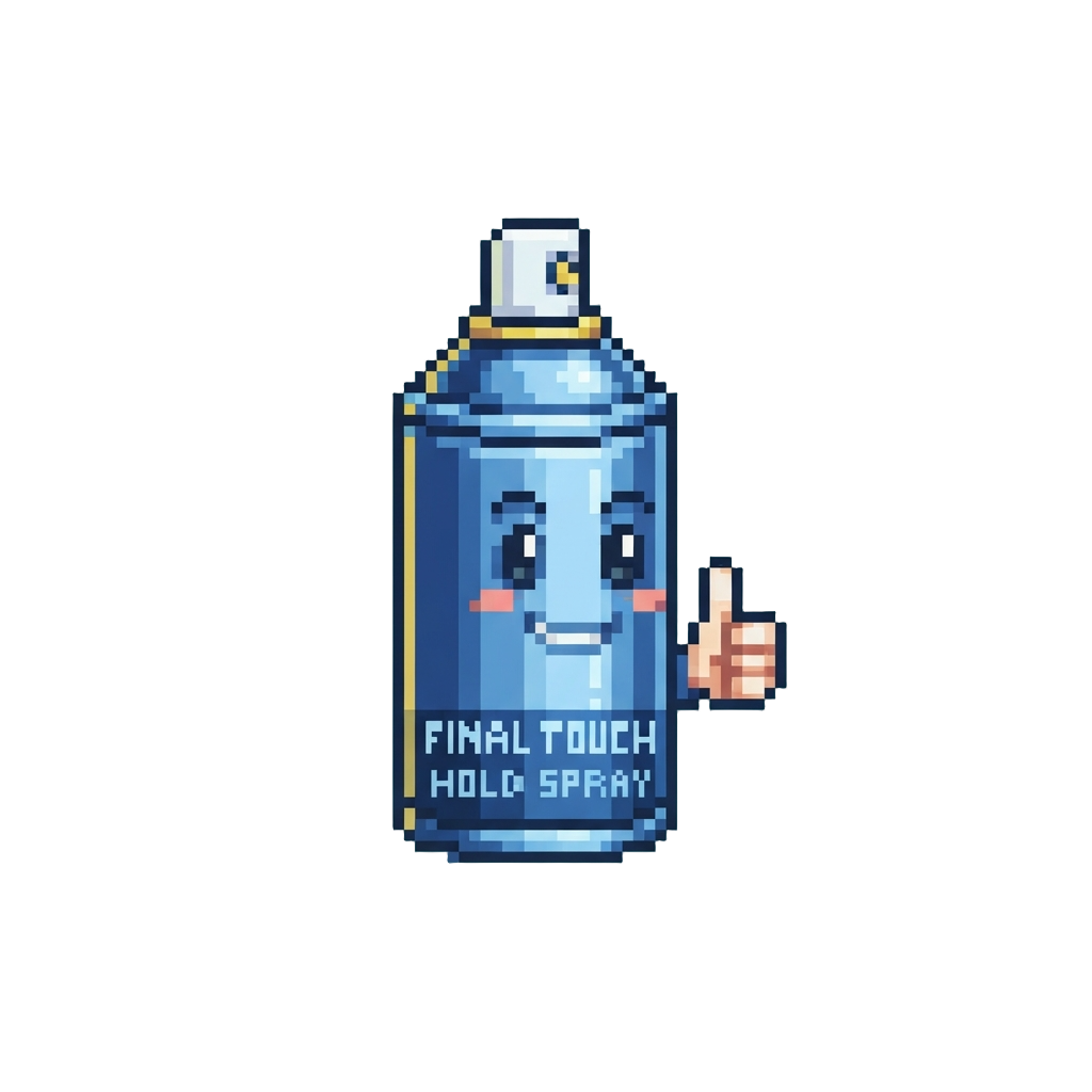 A Final Touch of Holding Spray with a Satisfied Thumbs-up Grin