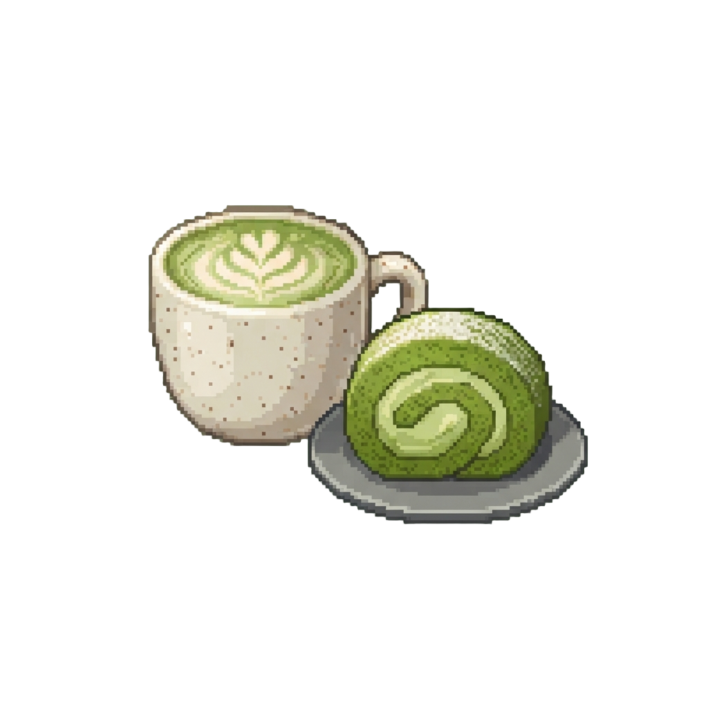 A Matcha Latte and Matcha Roll Cake