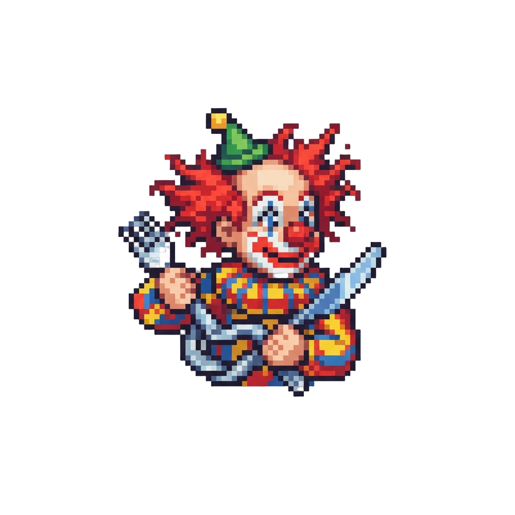 A Wild-haired Carnival Clown Twisting Comical Cutlery