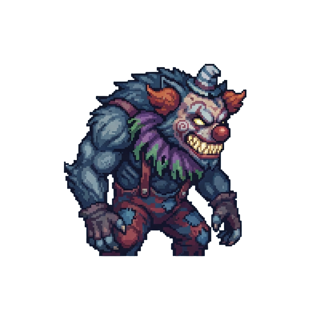 A Hulking Moonlit Werewolf Clown with Jagged Glowing Teeth