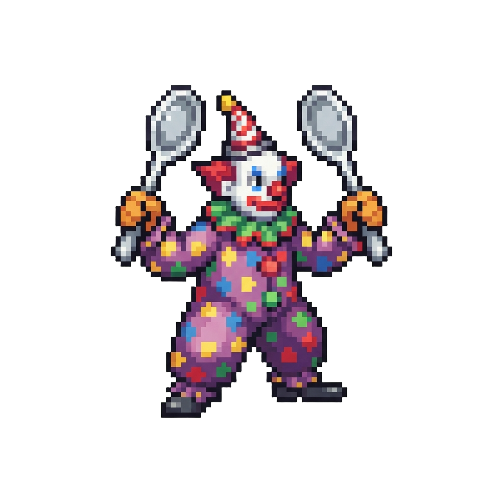 A Towering Polka-dot Clown Brandishing Massive Silver Spoons