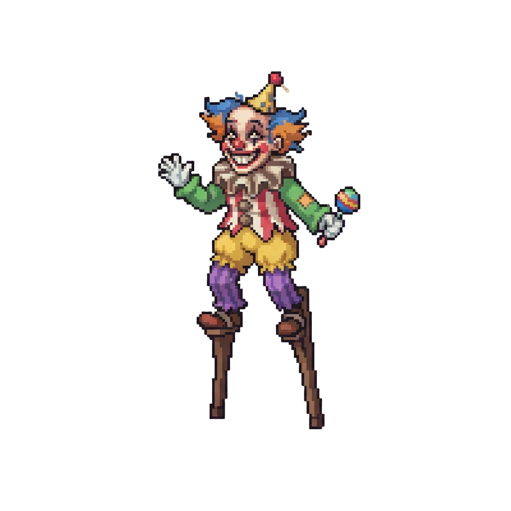 A Creepy Stilt-walking Clown Making an Absurd Wide Grin