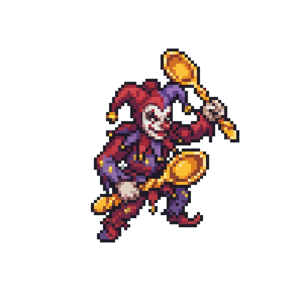 A Ragged Jester Clown Brandishing Giant Golden Spoons