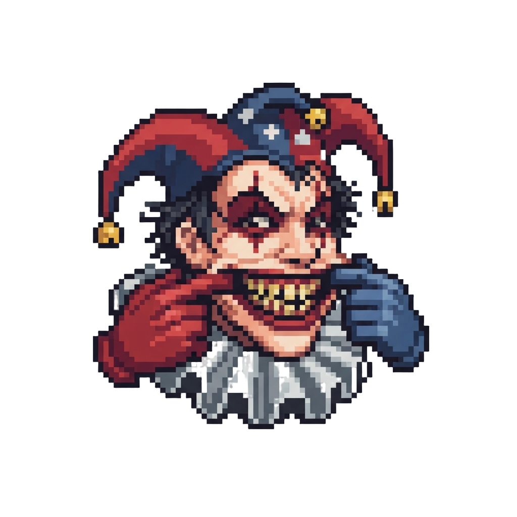 A Terrifying Harlequin Clown Pulling an Impossibly Big Evil Grin