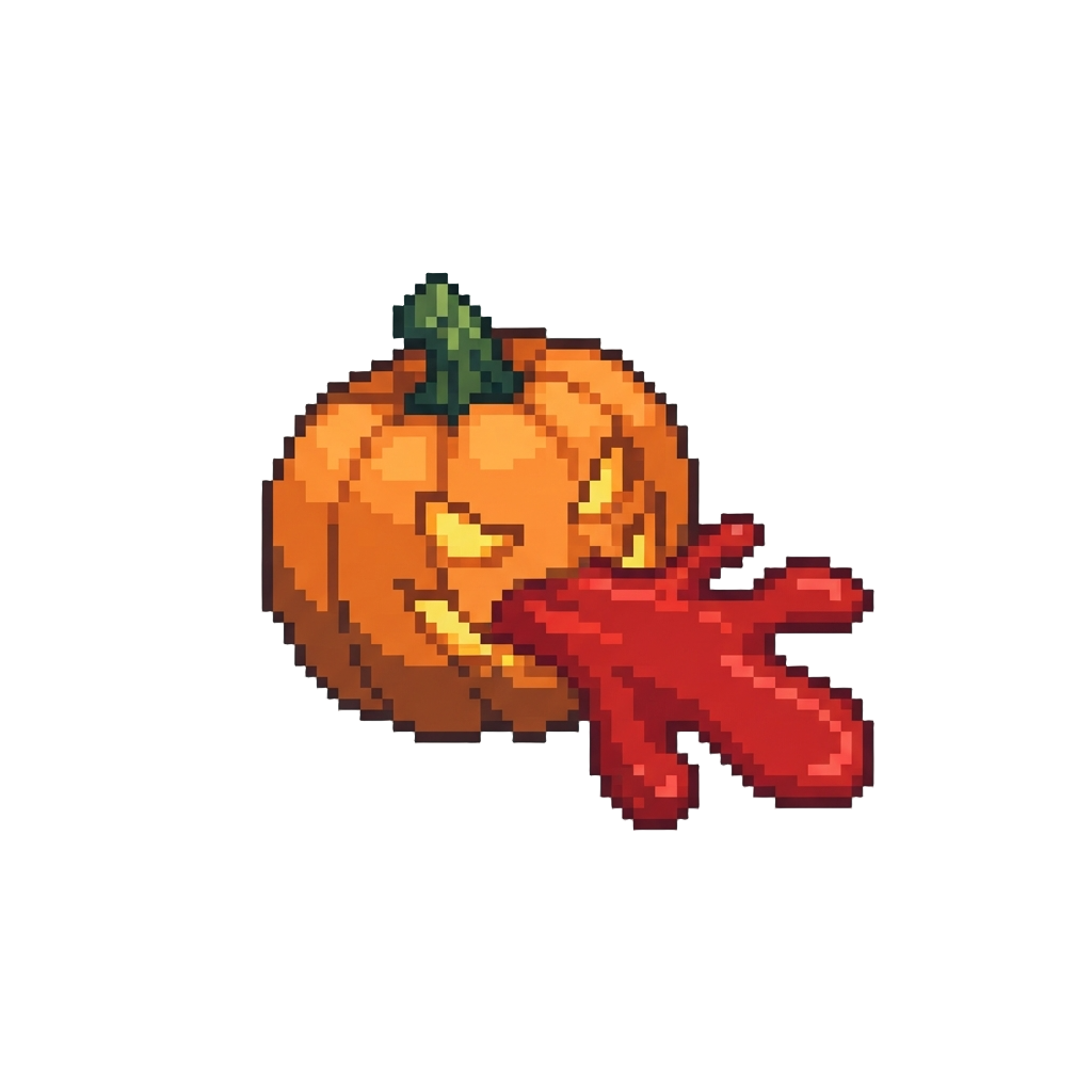 A Glowing Orange Pumpkin Bomb Splashing a Torrent of Red Ketchup