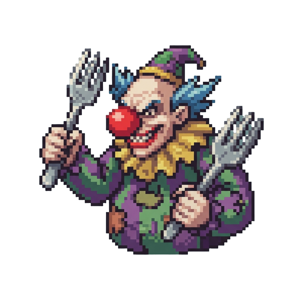 A Giant Sinister Red-nosed Clown with Oversized Oversized Forks