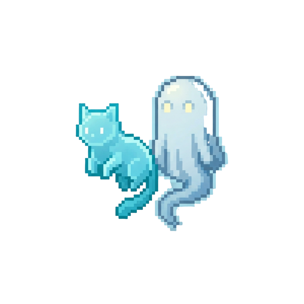 A Glowing Spectral Cat Floating Beside a Glowing Ghost Figure