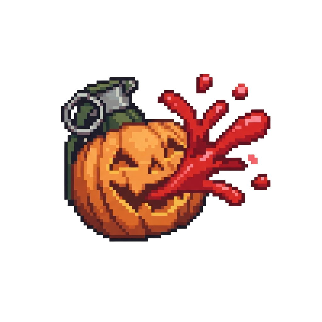 A Laughing Pumpkin Grenade Bursting Into Harmless Ketchup Spray