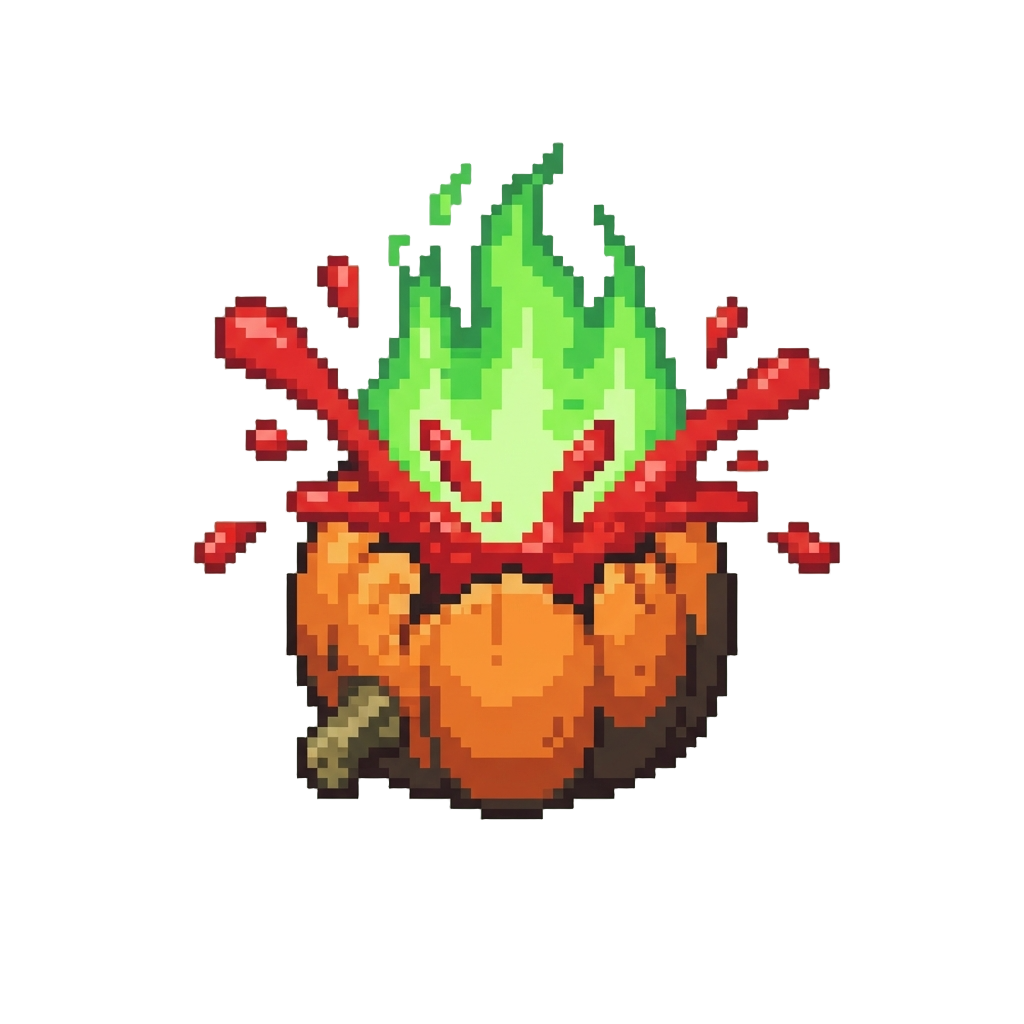 A Glowing Green-flamed Pumpkin Exploding with Bright Red Ketchup