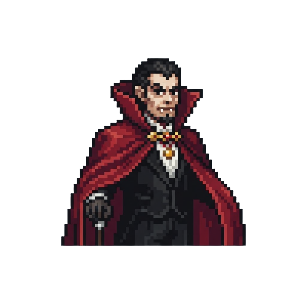 Count Dracula in a High-collared Velvet Red Cape