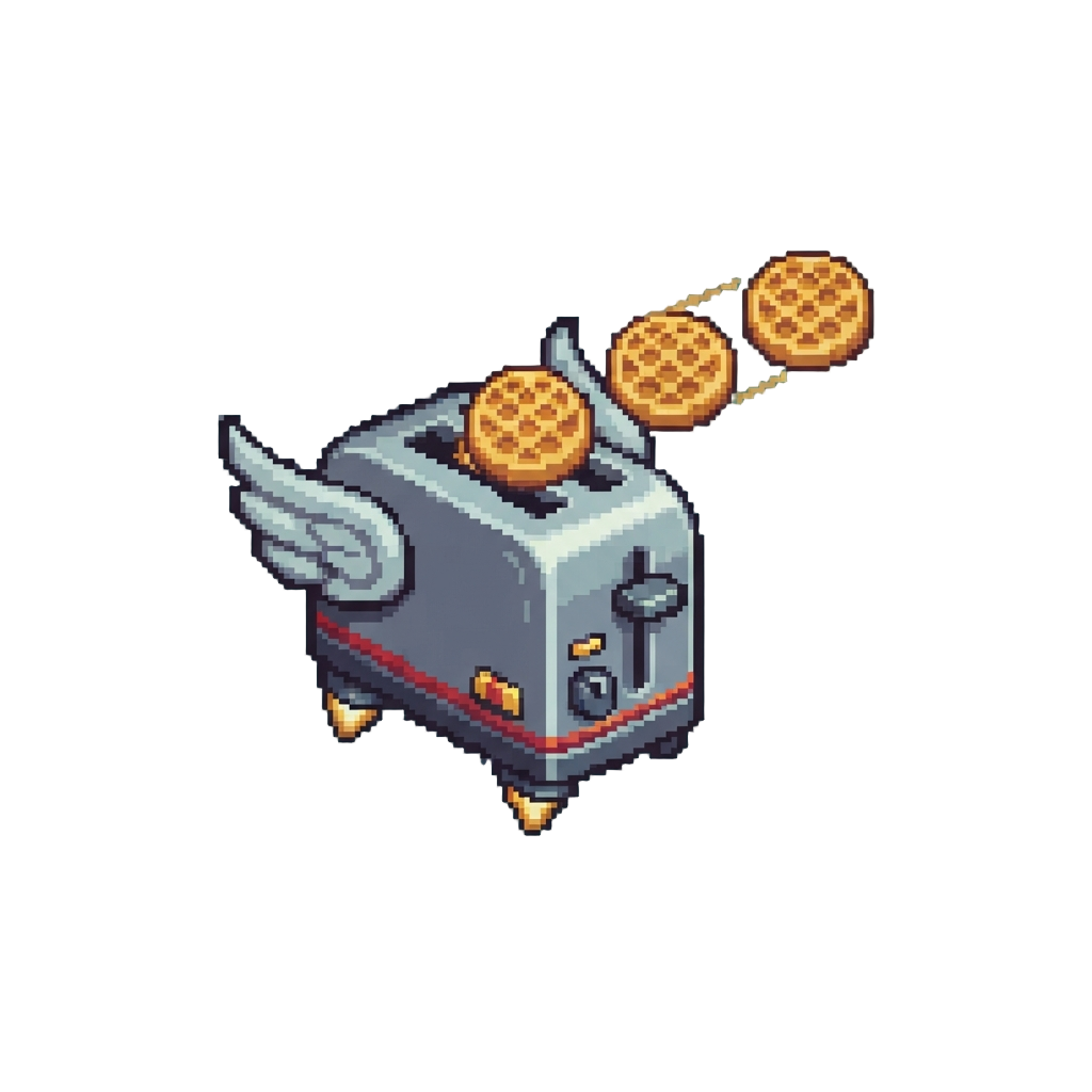 A Flying Toaster Shooting Golden Waffles Like Cannonballs