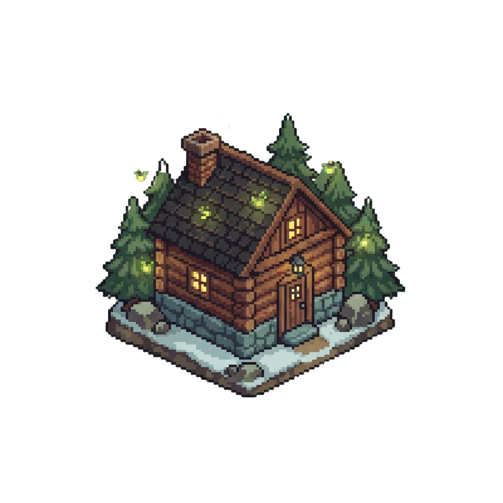 A Cozy Mountain Cabin Surrounded by Magical Fireflies