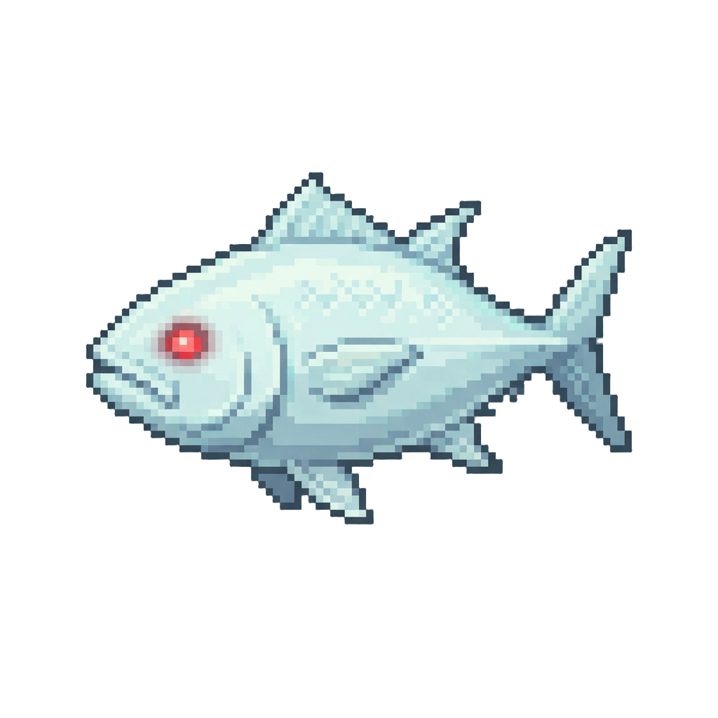 A Ghostly White Albino Tuna with Eerie Red Glowing Eyes