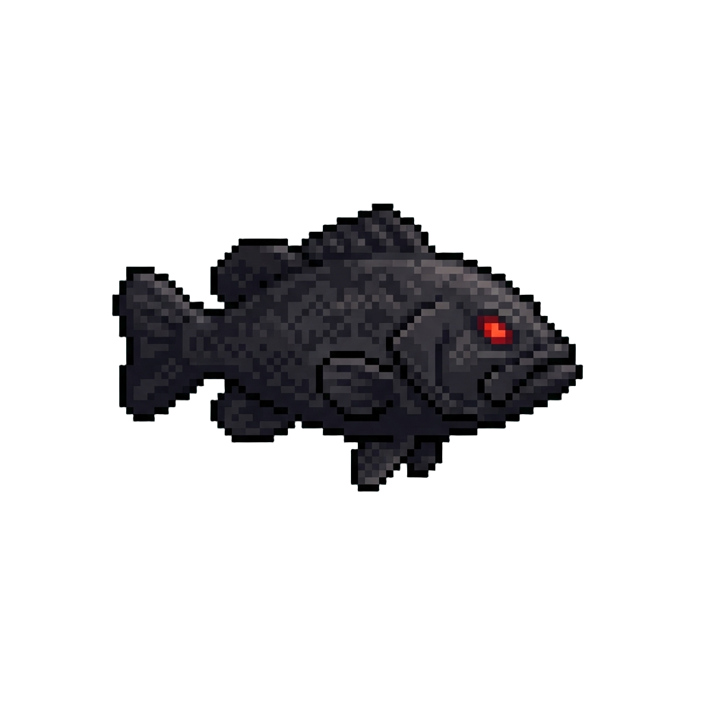 A Shadowy Pitch-black Melanistic Grouper with Fiery Red Glowing Eyes