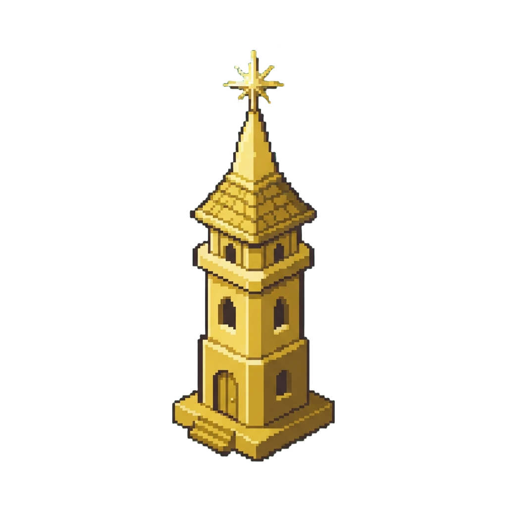 A Majestic Golden Tower Reaching High Into a Sky of Floating Coins