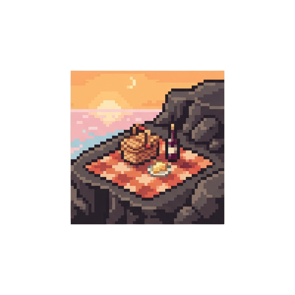 A Sunset Picnic on a Cliffside Overlooking a Pastel Pink Ocean