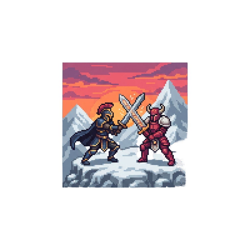 An Epic Sword Duel Atop a Snowy Mountain Peak at Sunset