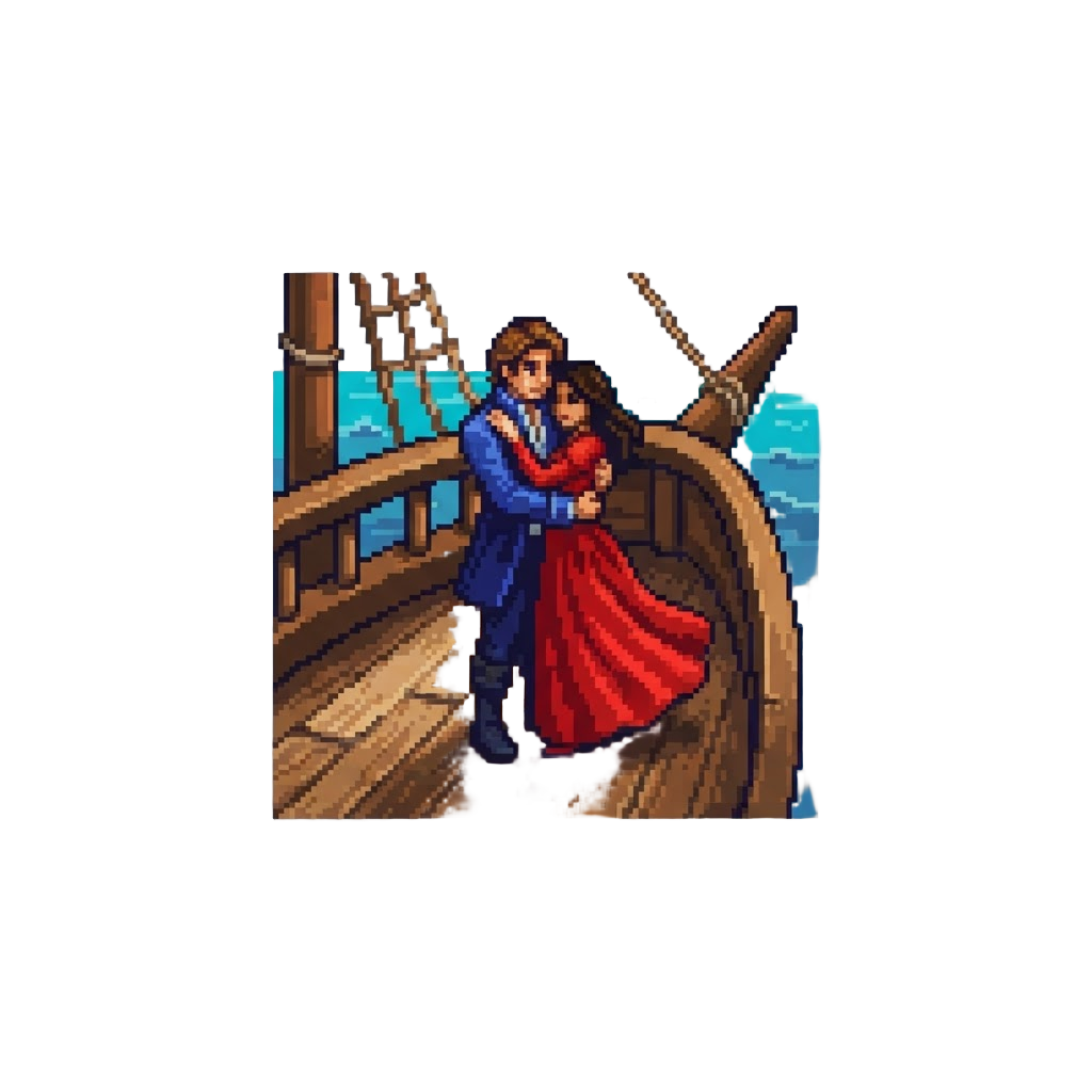 A Dramatic Romance Scene on the Bow of a Wooden Ship