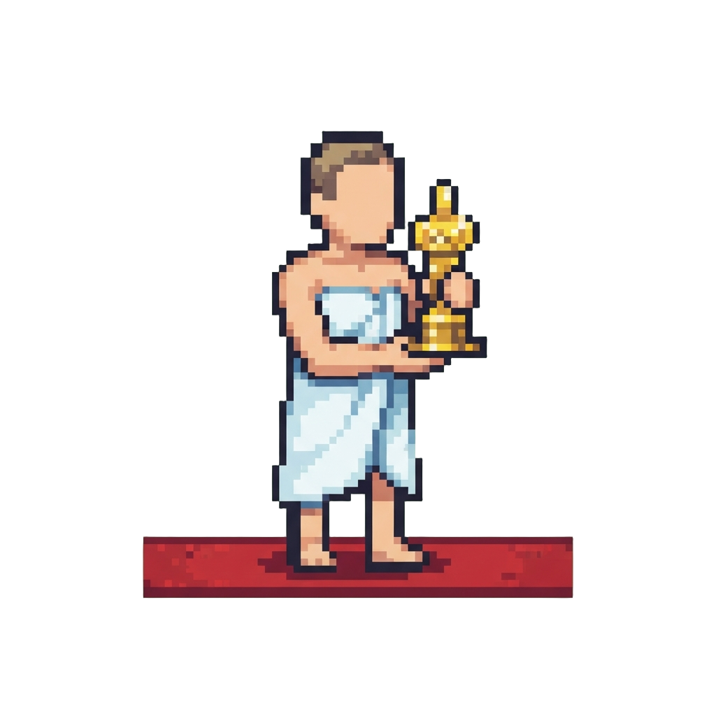 Accepting an Oscar Trophy on Red Carpet Wrapped in a Shower Towel