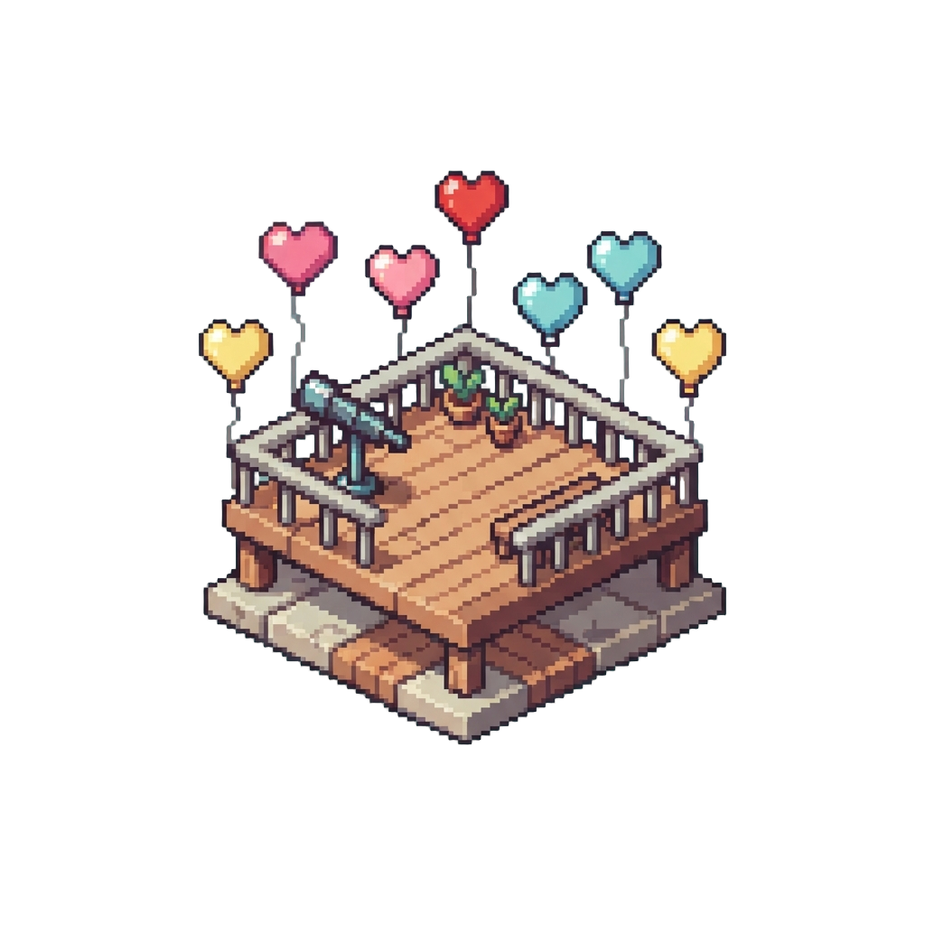 A Dreamy Rooftop Observation Deck Surrounded by Floating Heart Balloons