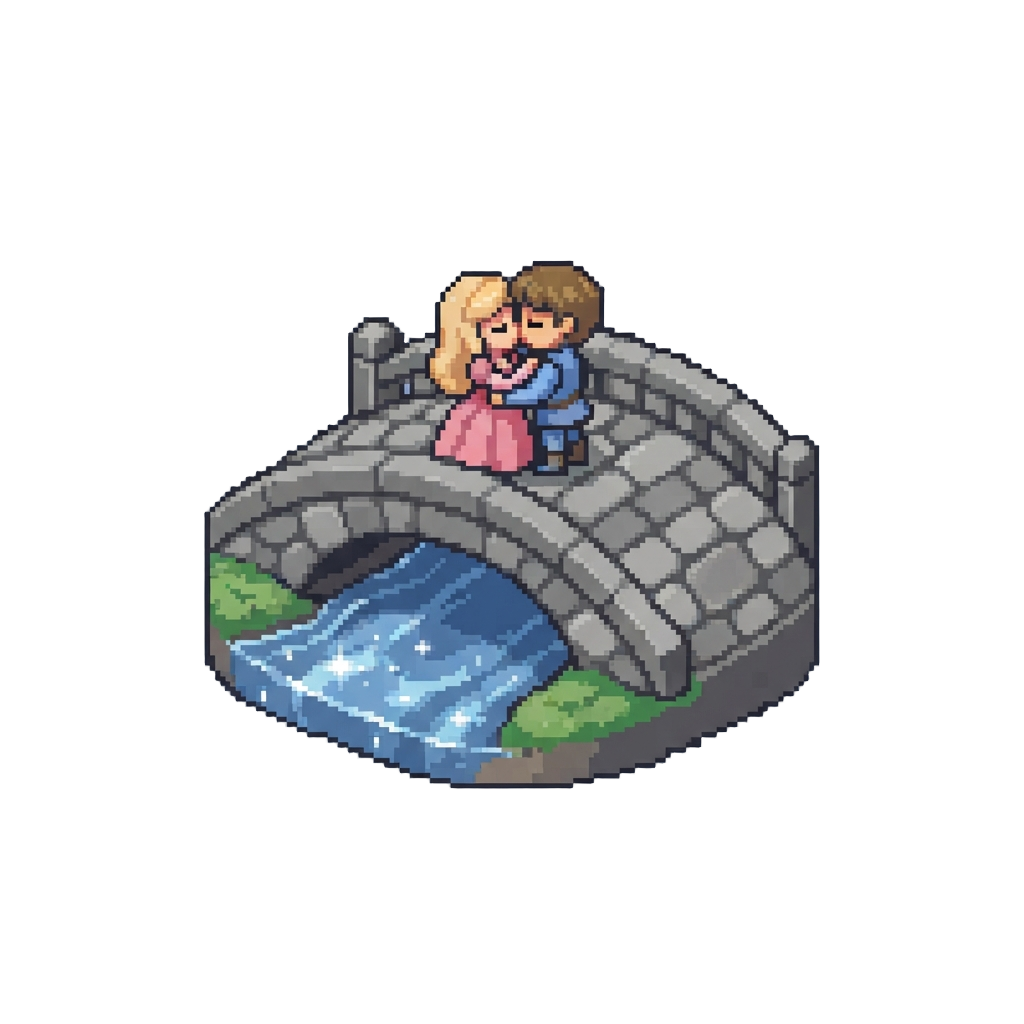 A Fairy-tale Kiss on a Cobblestone Bridge Over a Sparkling Brook