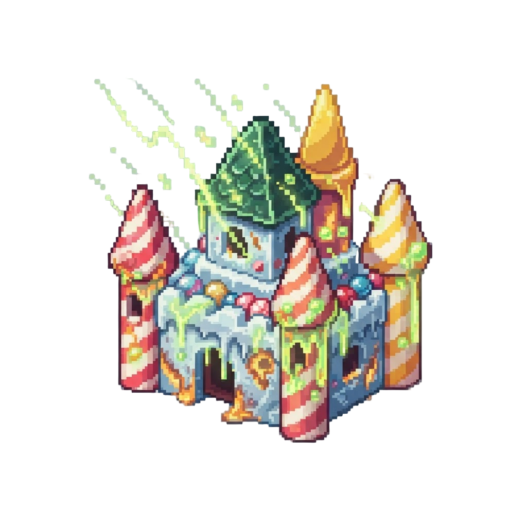 A Glowing Acid-rain Storm Melting a Candy Castle