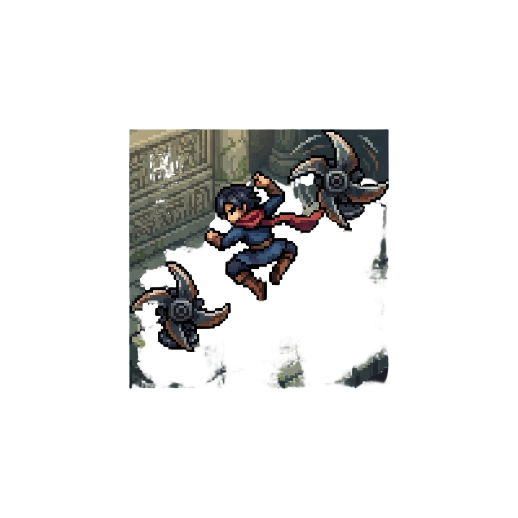 A Acrobatic Duel Dodging Spinning Blade Traps in a Stone Temple