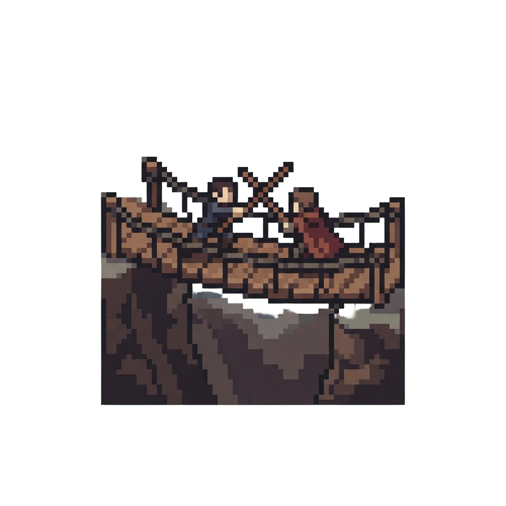 A Dramatic Staff Fight on a Narrow Wooden Rope Bridge Over a Canyon