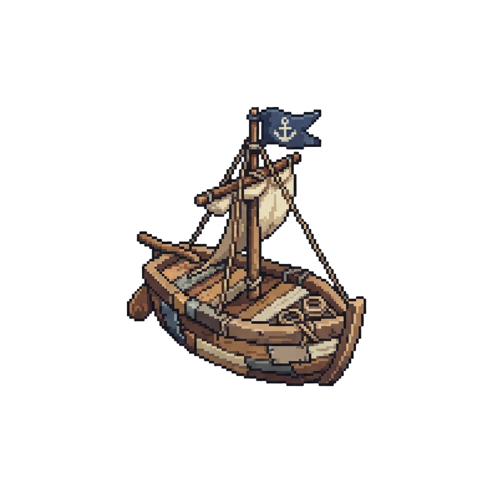 A Salvage Plank Sailboat with a Painted Flag