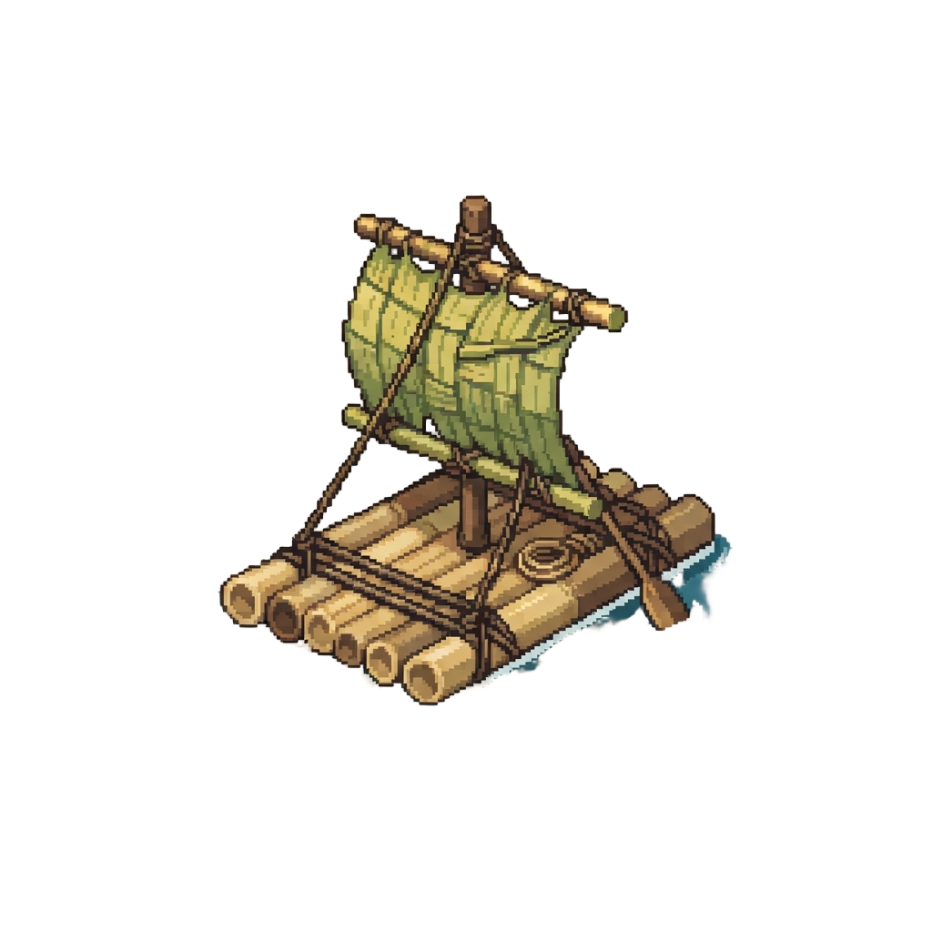 An Improvised Bamboo Raft with a Palm Sail