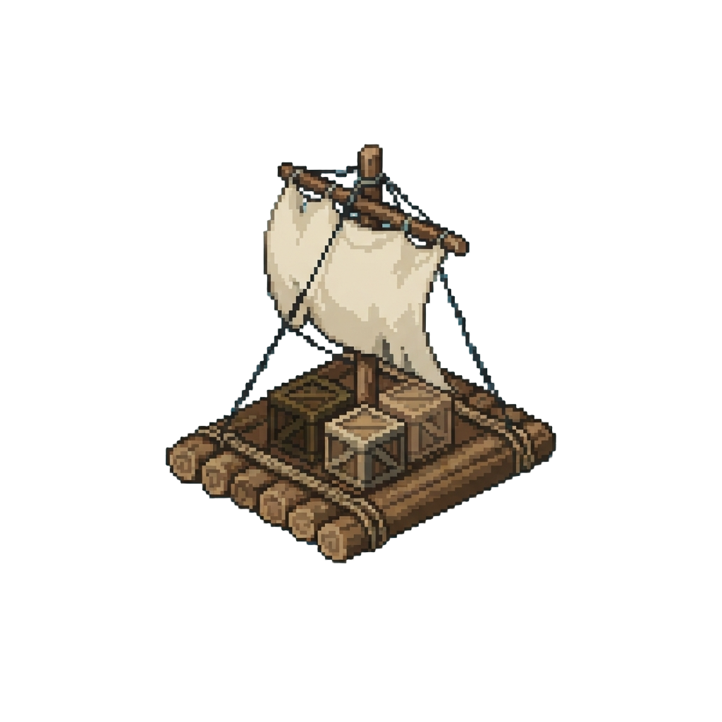A Floating Crate Raft with a Canvas Sail