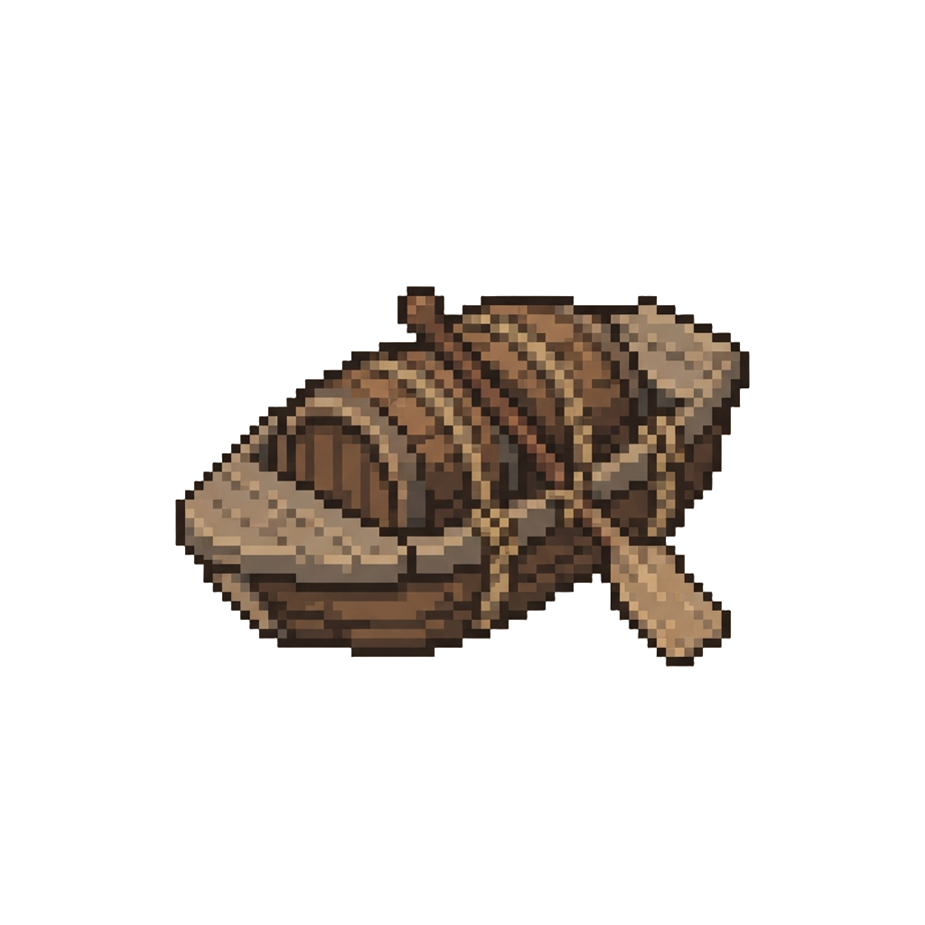 A Lashed-barrel Boat with a Carved Wooden Oar
