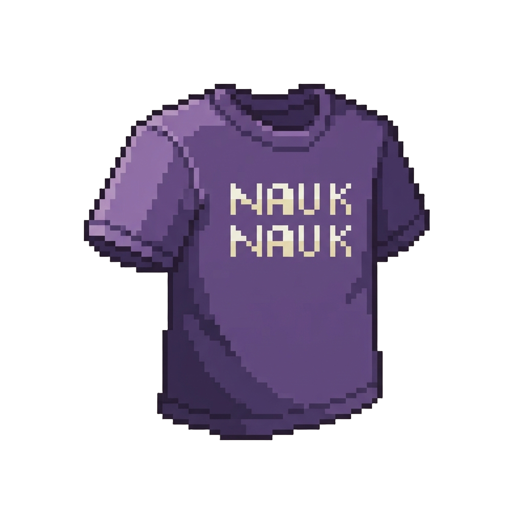 A Purple Graphic Tee with 'nauk Nauk' Lettering