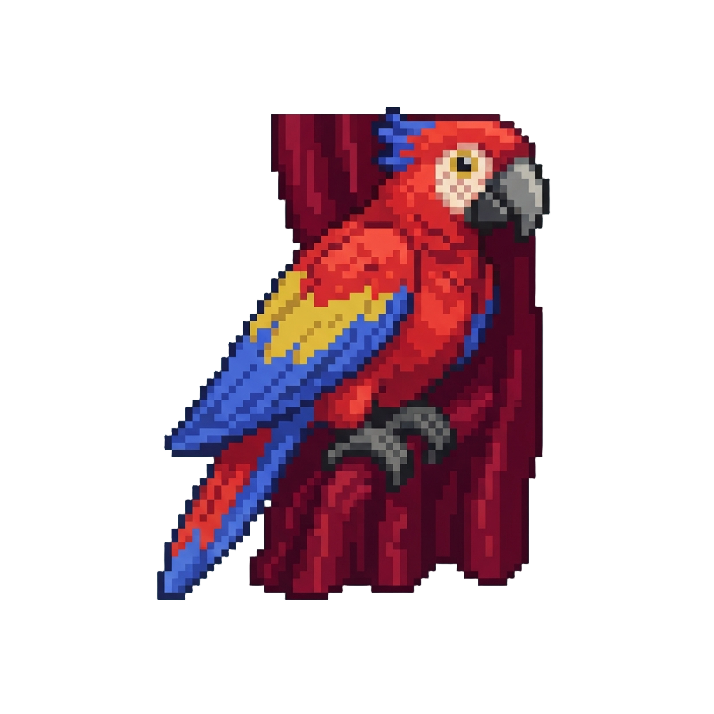 A Dramatic Pet Parrot Perched on Velvet Curtains