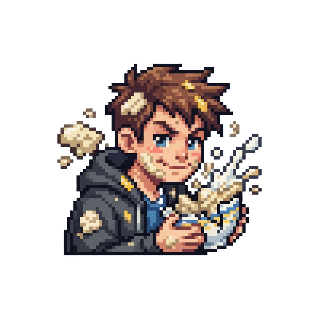 A Mischievous Teenager with an Exploded Oatmeal Bowl
