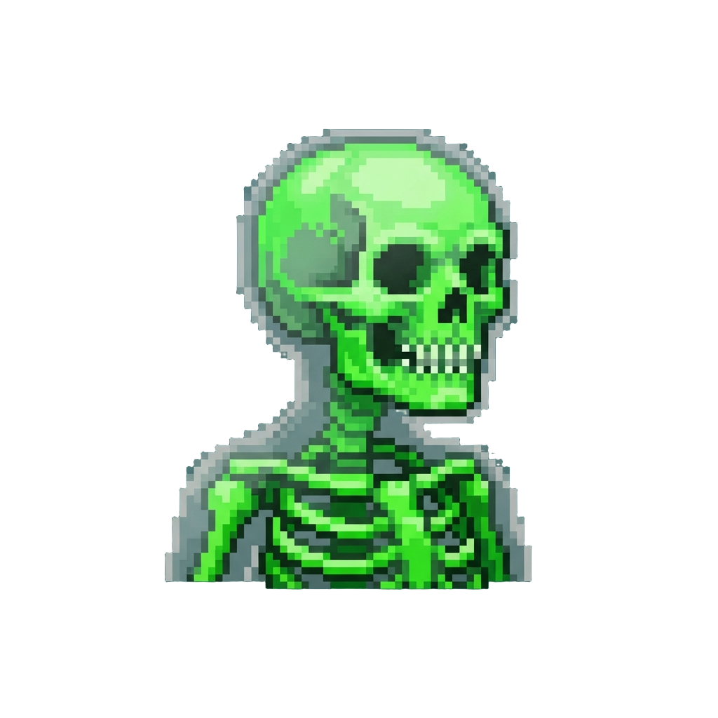 A Glowing Neon-green Cartoon Skeleton Flashing Through Translucent Skin